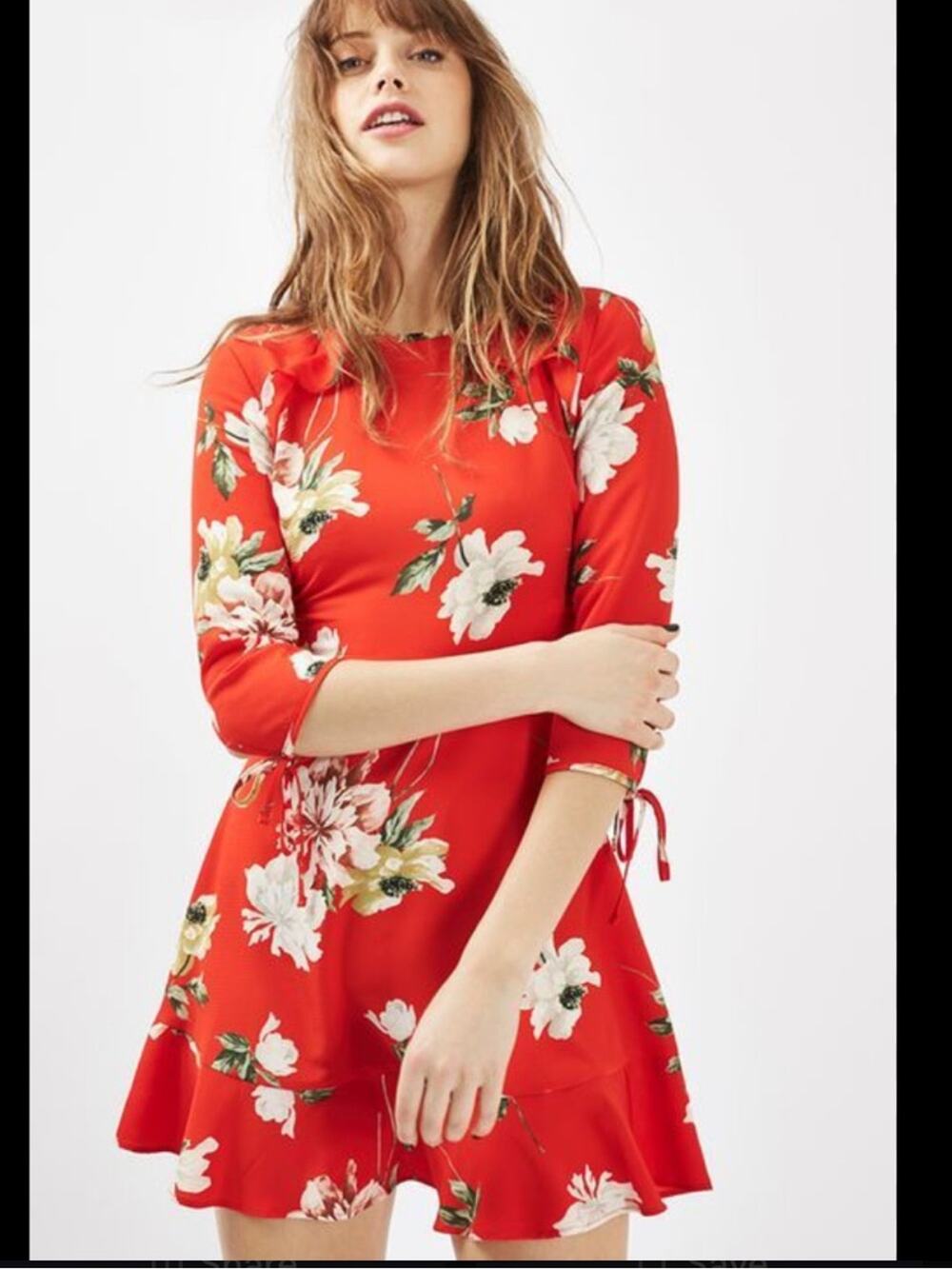 Topshop Women’s Red Floral Tie-Back Ruffle Hem Dress Size 4